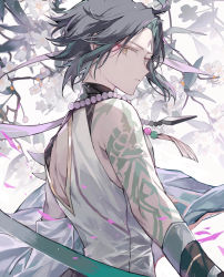 Rule 34 | 1boy, absurdres, arm tattoo, back cutout, bead necklace, beads, black gloves, black hair, clothing cutout, eyeshadow, facial mark, flower, forehead mark, genshin impact, gloves, green hair, highres, jewelry, leaf, makeup, male focus, multicolored hair, necklace, nokoya, parted lips, petals, red eyeshadow, simple background, solo, tassel, tattoo, white background, white flower, xiao (genshin impact), yellow eyes