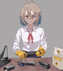 Rule 34 | 1girl, :3, absurdres, ahoge, bandaid, bandaid on face, bandaid on nose, bomb, closed mouth, collared shirt, commentary, do it yourself!!, english commentary, explosive, gar32, gloves, grey background, grey hair, gunpowder, hair between eyes, highres, long sleeves, neck ribbon, pipe bomb, red eyes, ribbon, rubber gloves, shirt, short hair, simple background, smile, solo, standing, table, upper body, white shirt, yellow gloves, yua serufu