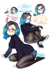 Rule 34 | 1girl, absurdres, bar censor, black-framed eyewear, black hair, black pantyhose, blue eyes, blue hair, blush, bracelet, breasts, censored, censored nipples, choker, closed mouth, commentary, cropped torso, earrings, eyeshadow, gradient hair, highres, hugging own legs, jewelry, kneeling, kopianget, looking at viewer, makeup, medium breasts, mole, mole above eye, mole on breast, multicolored hair, multiple views, no shoes, nose piercing, nude, open mouth, original, pantyhose, piercing, revision, shelby seraphine, sitting, skateboard, skirt, sleeves past wrists, smile, thighband pantyhose, two-tone hair