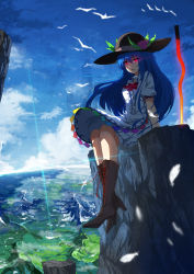Rule 34 | 1girl, absurdres, baisi shaonian, blue hair, boots, cliff, food, fruit, glowing, glowing eye, hat, highres, hinanawi tenshi, long hair, peach, red eyes, sky, solo, sword of hisou, touhou, very long hair