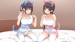 Rule 34 | 2girls, animal ears, apron, black hair, blue skirt, blue vest, blush, breasts, brown eyes, cat tail, cleavage, collarbone, commentary request, cosplay, fake animal ears, hair between eyes, hair ribbon, indoors, large breasts, low twintails, maid, maid headdress, multiple girls, on bed, original, paw pose, pink skirt, pink vest, ponytail, ribbon, shii (eve), short hair, sitting, skirt, smile, tail, thighhighs, twintails, vest, waist apron, wariza, white legwear