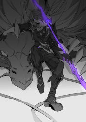 Rule 34 | 1boy, absurdres, boots, claws, closed mouth, dragon, earrings, genshin impact, gloves, glowing, glowing weapon, greyscale, hair over one eye, highres, holding, holding polearm, holding weapon, jacket, jewelry, looking at viewer, male focus, monochrome, pants, polearm, purple eyes, rex lapis (genshin impact), simple background, single earring, sitting, spot color, tartaglia (genshin impact), weapon, xia (ryugo)