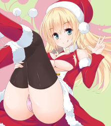 Rule 34 | 10s, 1girl, ;q, aqua eyes, atago (kancolle), bad id, bad pixiv id, black thighhighs, blonde hair, breasts, hat, kantai collection, large breasts, legs together, legs up, looking at viewer, one eye closed, panties, pink panties, santa costume, solo, takehana note, thighhighs, tongue, tongue out, underwear