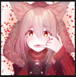 Rule 34 | 1girl, animal ear fluff, animal ears, arknights, beudelb, black border, border, fangs, finger in own mouth, fur-trimmed hood, fur trim, grey hair, hair between eyes, hood, hood up, hooded jacket, jacket, light blush, long hair, looking at viewer, mask, mask around neck, open mouth, portrait, projekt red (arknights), red jacket, simple background, solo, tongue, white background, wolf ears
