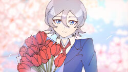 Rule 34 | 1boy, blue eyes, bouquet, digimon, flower, higashimitarai kiyoshiro, highres, male focus, short hair, smile, solo, white hair