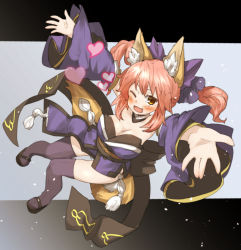 Rule 34 | 10s, 1girl, amonitto, animal ears, blush, breasts, cleavage, detached sleeves, fang, fate/extra, fate (series), fox ears, fox tail, hair bobbles, hair ornament, heart, japanese clothes, kimono, large breasts, one eye closed, open mouth, purple thighhighs, red hair, smile, solo, tail, tamamo no mae (fate/extra), thighhighs, twintails, yellow eyes, yukata
