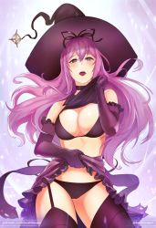Rule 34 | 1girl, bra, breasts, cleavage, clothes lift, garter straps, large breasts, lifting own clothes, long hair, murasaki (senran kagura), panties, purple hair, senran kagura, skirt, skirt lift, solo, thighhighs, underwear, witch