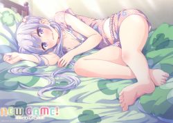 Rule 34 | 10s, 1girl, absurdres, barefoot, bed, blush, breasts, cleavage, collarbone, copyright name, feet, full body, hair ornament, highres, huge filesize, indoors, long hair, looking at viewer, lying, medium breasts, midriff peek, navel, new game!, official art, on bed, on side, pajamas, pillow, purple eyes, purple hair, scan, shiny skin, shorts, soles, solo, suzukaze aoba, toes, tokunou shoutarou