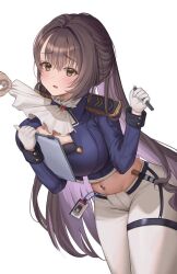 Rule 34 | 1girl, 1other, ascot, blue jacket, blush, breasts, brown eyes, brown hair, clothes pull, cropped jacket, ear piercing, epaulettes, gloves, goddess of victory: nikke, highres, holding, id card, jacket, large breasts, leaning forward, long hair, marciana (nikke), military jacket, navel, navel piercing, pants, piercing, richiman, simple background, tight clothes, tight pants, white ascot, white background, white gloves, white pants