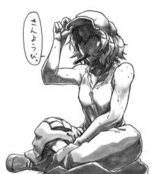 Rule 34 | 1girl, adapted costume, annoyed, boots, breasts, cabbie hat, collarbone, cucumber, female focus, greyscale, hair bobbles, hair ornament, hand on headwear, hat, indian style, kawashiro nitori, key, koyubi (littlefinger1988), looking down, monochrome, mouth hold, muscular, short hair, simple background, sitting, small breasts, solo, sweat, tank top, toned, touhou, two side up, white background