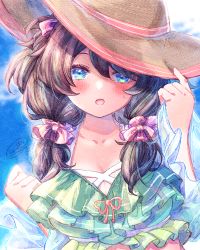 Rule 34 | 1girl, bikini, black hair, blue eyes, blush, breasts, brown hat, cleavage, day, green bikini, hair between eyes, hair ornament, hair scrunchie, hands up, hat, ittokyu, long sleeves, looking at viewer, low twintails, medium breasts, navel, open mouth, original, pink scrunchie, scrunchie, see-through, see-through sleeves, signature, sleeves past wrists, sun hat, sweat, swimsuit, twintails