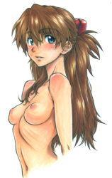 Rule 34 | 1girl, :d, blue eyes, blush, body blush, breasts, brown hair, collarbone, completely nude, cropped legs, dbqp, eyebrows, graphite (medium), hair between eyes, hair ornament, long hair, looking at viewer, looking back, marker (medium), navel, neon genesis evangelion, nipples, no legs, nose blush, nude, open mouth, parted lips, rebuild of evangelion, ribs, simple background, skinny, small breasts, smile, solo, souryuu asuka langley, traditional media, two side up, upper body, watercolor pencil (medium), white background