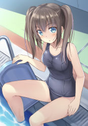 Rule 34 | 10s, 1girl, :o, alternate costume, arm at side, bare arms, bare shoulders, blue one-piece swimsuit, blush, breasts, brown hair, collarbone, kageira, long hair, looking at viewer, medium breasts, minori (senran kagura), one-piece swimsuit, open mouth, pool, pool ladder, poolside, school swimsuit, senran kagura, sitting, soaking feet, solo, swimsuit, tareme, thighs, twintails, water