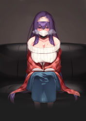 Rule 34 | 1girl, absurdres, black collar, black pantyhose, blush, breasts, collar, collarbone, hairband, hie (hiememiko), hiememiko, highres, large breasts, long hair, mask, mouth mask, off-shoulder sweater, off shoulder, original, pantyhose, purple eyes, purple hair, sidelocks, sitting, solo, surgical mask, sweater, very long hair