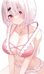 Rule 34 | 1girl, bikini, breasts, frilled bikini, frills, hair between eyes, hair ornament, hairclip, highres, jewelry, kuro kokujyou, large breasts, long hair, looking at viewer, multi-strapped bikini, navel, necklace, nijisanji, official alternate costume, pink bikini, pink eyes, pink hair, plaid, plaid bikini, shiina yuika, shiina yuika (6th costume), simple background, smile, solo, swimsuit, v arms, very long hair, virtual youtuber, white background