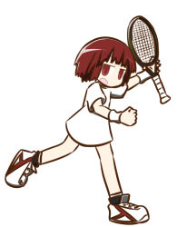 Rule 34 | 1girl, :o, medisuke, original, racket, red eyes, red hair, running, shirt, skirt, sportswear, t-shirt, tennis racket, tennis uniform