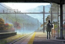 Rule 34 | 1girl, from behind, mocha (cotton), mountain, original, scenery, snowing, solo, standing, train station