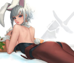 Rule 34 | 1girl, absurdres, animal ears, ass, back, bare shoulders, battle bunny riven, belt, black pantyhose, blue eyes, breasts, brown pantyhose, carrot, cherrylich, daeho cha, detached collar, fake animal ears, female focus, highres, large breasts, league of legends, leotard, lips, looking at viewer, lying, on stomach, pantyhose, playboy bunny, rabbit ears, rabbit tail, riven (league of legends), short hair, sideboob, solo, tail, twisted neck, white hair, wrist cuffs
