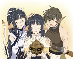 Rule 34 | 1boy, 2girls, 4yo, absurdly long hair, age difference, aged up, ainu clothes, animal ears, aquaplus, black hair, breasts, brother and sister, brown hair, closed eyes, closed mouth, family, hair between eyes, hair ornament, hand on another&#039;s head, height difference, highres, holding, jewelry, large breasts, long hair, long sleeves, multiple girls, oboro (utawarerumono), open mouth, pointy ears, ponytail, raised eyebrows, scarf, siblings, sidelocks, sleeveless, smile, tail, upper body, utawarerumono, utawarerumono: lost flag, very long hair, wavy hair, wet, wet hair, yuzuha (utawarerumono)