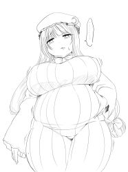 Rule 34 | 1girl, belly, bow, breasts, fat, hat, highres, large breasts, long hair, monochrome, parted lips, solo