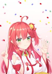 Rule 34 | 1girl, ahoge, bad id, bad twitter id, bare shoulders, bell, blush, breasts, cherry blossoms, closed mouth, confetti, detached sleeves, frills, gradient background, green eyes, hair bell, hair between eyes, hair ornament, hairclip, highres, hololive, index finger raised, long hair, looking at viewer, one side up, open hand, pink hair, rin (0917608), sakura miko, sakura miko (1st costume), sideboob, smile, solo, upper body, virtual youtuber