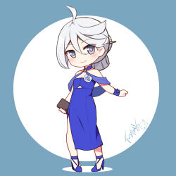 Rule 34 | 1girl, ahoge, bare shoulders, blue dress, blue footwear, breasts, chibi, cleavage, collarbone, commentary request, dress, full body, grey background, grey eyes, grey hair, gundam, gundam suisei no majo, hair between eyes, high heels, holding, langbazi, miorine rembran, parted bangs, shoes, signature, small breasts, solo, standing, strapless, strapless dress, two-tone background, white background