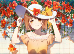 Rule 34 | 1girl, against wall, arms up, bad id, bad pixiv id, bare shoulders, blush, bow, breasts, brown eyes, brown hair, closed mouth, day, hands on headwear, hat, hat bow, nail polish, omutatsu, orange nails, original, outdoors, short hair, short sleeves, small breasts, solo, sun hat, trumpet creeper, watch, white hat, wristwatch
