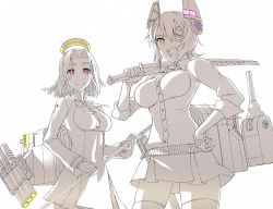 Rule 34 | 2girls, :d, cowboy shot, eyepatch, gloves, halo, hand on own hip, headgear, holding, holding sword, holding weapon, itou (onsoku tassha), kantai collection, long sleeves, looking at viewer, mechanical halo, multiple girls, one eye covered, open mouth, over shoulder, purple eyes, school uniform, short hair, simple background, skirt, smile, standing, sword, sword over shoulder, tatsuta (kancolle), tenryuu (kancolle), thighhighs, weapon, weapon over shoulder, white background, yellow eyes