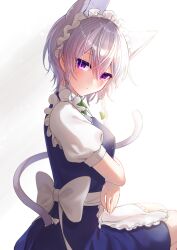 Rule 34 | 1girl, absurdres, acchun, animal ears, apron, back bow, bow, braid, cat ears, cat girl, cat tail, crossed arms, grey hair, hair between eyes, highres, izayoi sakuya, looking at viewer, maid, maid apron, maid headdress, purple eyes, short hair, short sleeves, side braids, solo, tail, touhou