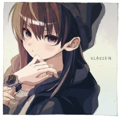 Rule 34 | 1girl, beanie, black hat, black jacket, border, brown hair, closed mouth, grey sweater, hand up, hat, hood, hood down, hooded jacket, jacket, ka (marukogedago), klasse14, looking at viewer, multicolored eyes, plant, potted plant, purple eyes, red eyes, solo, sweater, watch, white border, wristwatch