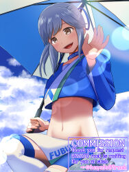 Rule 34 | blue shirt, blue sky, brown eyes, clothes writing, cloud, commentary request, commission, english text, grey hair, groin, hayato rock, highres, kantai collection, lens flare, long hair, midriff, official alternate costume, ponytail, race queen, shirt, skeb commission, skirt, sky, thighhighs, umbrella, usugumo (kancolle), waving, white skirt, white thighhighs