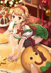 Rule 34 | 1girl, :o, arched back, bad id, bad pixiv id, baking, black thighhighs, blonde hair, blurry, blush, braid, breasts, brown eyes, cake, christmas, cleavage, cookie, depth of field, dress, food, green skirt, hair ribbon, highres, holding, holding food, indoors, long hair, looking at viewer, maid, medium breasts, miyaza, open mouth, original, pinafore dress, pov, puffy short sleeves, puffy sleeves, red ribbon, ribbon, seiza, short sleeves, single braid, sitting, skirt, sleeveless dress, smiley face, solo focus, teeth, thighhighs, tress ribbon