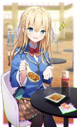 Rule 34 | 2girls, absurdres, blonde hair, blue eyes, blue jacket, blurry, bow, bowtie, braid, cafeteria, chair, feeding, food, heaven burns red, highres, holding, holding spoon, incoming food, jacket, kayamori ruka, kunimi tama, long hair, looking at viewer, multiple girls, nattou, plaid, plaid skirt, pov, red bow, red bowtie, reflection, rinki oohen, scared, school uniform, shirt, sitting, skirt, smirk, solo focus, sparkle, spoon, striped clothes, striped thighhighs, thighhighs, toujou tsukasa, vertical-striped clothes, vertical-striped thighhighs, white shirt