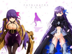 Rule 34 | 10s, 3girls, baiola, bb (fate), bb (fate), bb (fate/extra), breasts, claws, crotch plate, fate/extra, fate/extra ccc, fate (series), hair ribbon, highres, huge breasts, long hair, meltryllis (fate), multiple girls, pantyhose, passionlip (fate), petals, purple eyes, purple hair, revealing clothes, ribbon, silhouette, thighhighs, very long hair