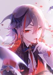 Rule 34 | 1girl, artist name, ascot, bat (animal), blood, blood on face, breasts, capelet, fangs, frilled sleeves, frills, fu hua, gloves, hair between eyes, hair flaps, hair ornament, hair ribbon, headband, honkai (series), honkai impact 3rd, jacket, kickylian, long hair, low ponytail, multicolored hair, official alternate costume, open mouth, red eyes, red hair, ribbon, shirt, sidelocks, small breasts, smile, solo, streaked hair, tress ribbon, tsurime, upper body, vest, white gloves, wiping mouth