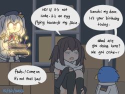 Rule 34 | 2girls, admiral (kancolle), animal, beret, bird, black headwear, black socks, black thighhighs, blush, box, breasts, brown hair, cake, candle, cardboard box, commentary, dated, english commentary, english text, epaulettes, food, glowing, glowing eyes, grey hair, guin guin, half-closed eyes, hat, holding, holding tray, jacket, kantai collection, kashima (kancolle), kneehighs, knees up, little blue (guin guin), medium breasts, military, military jacket, military uniform, multiple girls, neckerchief, non-human admiral (kancolle), open mouth, red neckerchief, scarf, sendai (kancolle), single kneehigh, single sock, single thighhigh, sitting, socks, thighhighs, tray, two side up, uniform, white jacket, white scarf