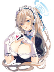 Rule 34 | 1girl, asuna (blue archive), black choker, black dress, blue archive, blue eyes, blue halo, blush, breasts, choker, cleavage, detached collar, dress, gloves, halo, heart, highres, large breasts, light brown hair, long hair, looking at viewer, maid, maid headdress, mole, mole on breast, naoton, puffy short sleeves, puffy sleeves, short sleeves, simple background, smile, solo, tongue, tongue out, upper body, very long hair, white background, white gloves