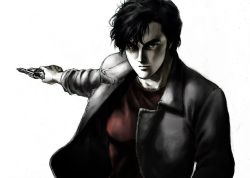 Rule 34 | 1boy, absurdres, aiming, bad id, bad pixiv id, black hair, city hunter, closed mouth, commentary request, grey jacket, greyscale, gun, handgun, highres, holding, holding gun, holding weapon, jacket, lips, looking at viewer, messy hair, monochrome, perspective, red shirt, saeba ryou, serious, shadow, shirt, short hair, simple background, smith &amp; wesson, solo, spot color, t-shirt, thick eyebrows, uirina, upper body, weapon, white background