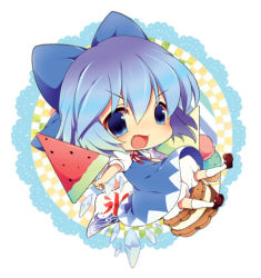 Rule 34 | 1girl, :d, bad id, bad pixiv id, blue eyes, blue hair, chibi, cirno, deyuyama, dress, food, fruit, holding, ice cream, ice cream cone, lowres, matching hair/eyes, open mouth, popsicle, sitting, smile, solo, touhou, watermelon, watermelon bar