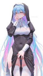 Rule 34 | 1girl, absurdres, black headwear, blue hair, blush, breasts, closed mouth, commentary, covered navel, cross, cross necklace, gluteal fold, hand up, highres, jewelry, large breasts, latin cross, long hair, long sleeves, merumeko, multicolored hair, necklace, nun, original, pink hair, simple background, sweat, symbol-only commentary, thighhighs, twitter username, two-tone hair, white background, white thighhighs