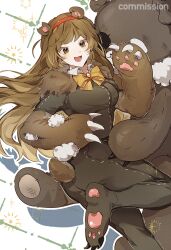 Rule 34 | 1girl, animal ears, bear ears, bear tail, blush, bodysuit, bow, bowtie, breasts, brown bodysuit, brown eyes, brown hair, claws, e.g.o (project moon), hairband, happy teddy bear, highres, library of ruina, long hair, looking at viewer, malkuth (project moon), medium breasts, munjiduck, open mouth, project moon, red hairband, sidelocks, smile, solo, stuffed animal, stuffed toy, stuffing, tail, teddy bear, very long hair, yellow bow, yellow bowtie
