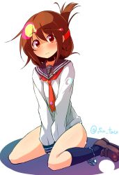 Rule 34 | 10s, 1girl, 3:, black socks, blouse, blush, bottomless, brown eyes, brown hair, folded ponytail, full-face blush, highres, inazuma (kancolle), kantai collection, kneehighs, loafers, neckerchief, panties, panties around leg, panty pull, sailor collar, school uniform, serafuku, shirt, shoes, simple background, sitting, socks, solo, striped clothes, striped panties, sw (taco), twitter username, underwear, v arms, wariza, white background