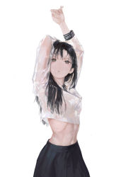 Rule 34 | 1girl, absurdres, arms up, black hair, black skirt, brown eyes, cowboy shot, dino (dinoartforame), highres, long hair, looking at viewer, open mouth, original, pleated skirt, ribs, shirt, skirt, solo, wet, wet clothes, wet hair, wet shirt, white background, white shirt