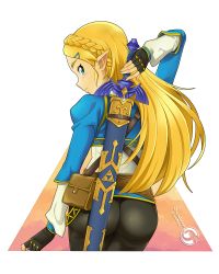 Rule 34 | 1girl, ass, blonde hair, blush, border, braid, crown braid, elf, fingerless gloves, from behind, gloves, green eyes, half updo, highres, huge ass, long hair, looking back, master sword, nintendo, orcaleon, pants, pointy ears, princess zelda, sheath, sheathed, shiny clothes, solo, sword, the legend of zelda, the legend of zelda: breath of the wild, tight clothes, tight pants, transparent background, transparent border, weapon, weapon on back