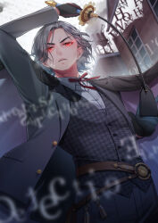 Rule 34 | 1boy, arm up, belt, black coat, black gloves, black jacket, black pants, black vest, brown belt, building, bungou to alchemist, coat, coat on shoulders, collared shirt, conan doyle (bungou to alchemist), cowboy shot, earrings, english text, eye trail, from below, gears, gloves, glowing, glowing eyes, grey hair, highres, holding, holding riding crop, houndstooth, incoming attack, jacket, jewelry, lapels, light trail, long sleeves, looking at viewer, looking down, male focus, mature male, neck ribbon, notched lapels, open clothes, open jacket, pants, parted bangs, parted lips, red eyes, red ribbon, ribbon, riding crop, shirt, short hair, solo, text background, tukisaya, two-sided coat, two-sided fabric, vest, white shirt, wrinkled skin
