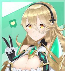 Rule 34 | 1girl, arcedo, armor, blush, breasts, cleavage, commission, corrin (female) (fire emblem), corrin (fire emblem), cosplay, dress, fire emblem, fire emblem fates, gloves, hair between eyes, hair ornament, hairband, hal laboratory, intelligent systems, jewelry, large breasts, long hair, looking at viewer, monolith soft, mythra (xenoblade), mythra (xenoblade) (cosplay), nintendo, pointy ears, possessed, possession, red eyes, silver hair, smile, solo, spirit (super smash bros.), super smash bros., upper body, v, xeno (series), xenoblade chronicles (series), xenoblade chronicles 2