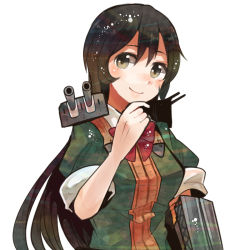 Rule 34 | 10s, 1girl, black hair, blouse, breasts, brown eyes, cannon, catapult, chikuma (kancolle), elbow gloves, gloves, itomugi-kun, kantai collection, long hair, medium breasts, shirt, short sleeves, single elbow glove, smile, solo, turret