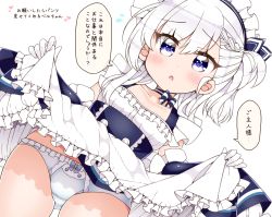 Rule 34 | 1girl, arato asato, azur lane, belfast (azur lane), blue eyes, blush, bow, bow choker, bow panties, braid, choker, clothes lift, collarbone, commentary request, cowboy shot, dress, dress lift, dutch angle, frilled dress, frilled panties, frills, gluteal fold, lifting own clothes, little bel (azur lane), maid, maid headdress, one side up, panties, simple background, solo, translation request, underwear, white background, white hair, white panties