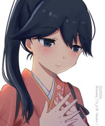 Rule 34 | 1girl, black eyes, black hair, floral print, hands on own chest, haruka faraway716, highres, houshou (kancolle), japanese clothes, kantai collection, kimono, long hair, one-hour drawing challenge, pink kimono, ponytail, simple background, smile, solo, tasuki, upper body, white background