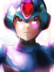 Rule 34 | 002 khd, 1boy, android, armor, blue armor, blue headwear, close-up, forehead jewel, green eyes, helmet, highres, looking to the side, male focus, mega man (series), mega man x (series), shoulder armor, simple background, solo, upper body, white background, x (mega man)